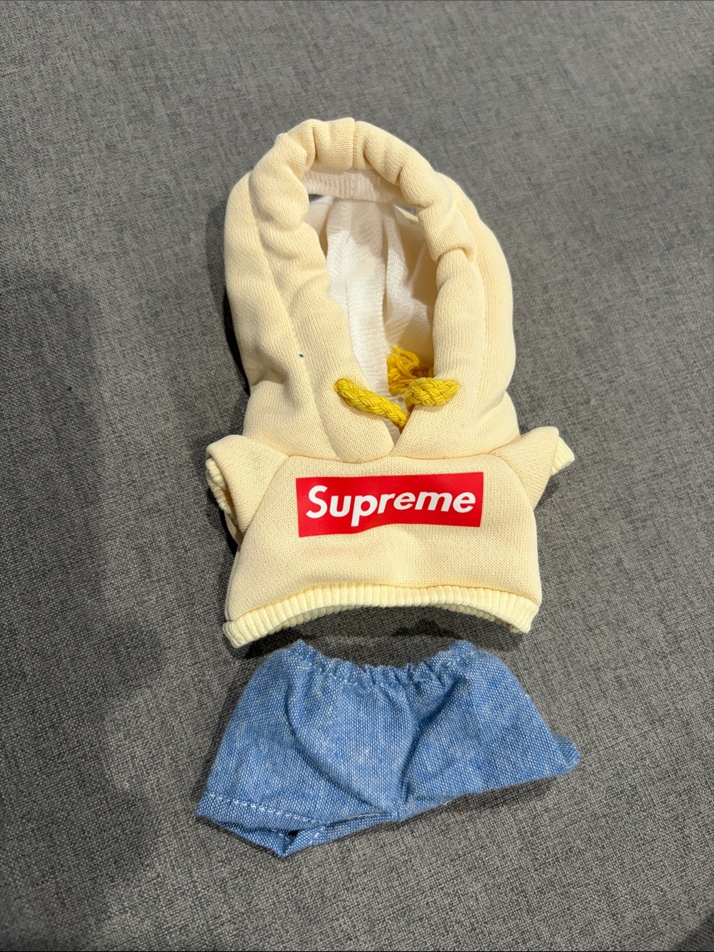 Labubu or Small Doll Supreme Cream Hoodie and Blue Shorts
